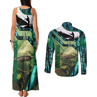 Flathead Catfish Custom Name Couples Matching Tank Maxi Dress and Long Sleeve Button Shirt Forest Silhouette and Green Blue Love Fishing Design - Wonder Print Shop