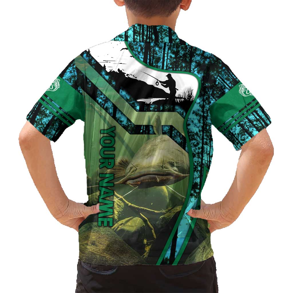 Flathead Catfish Custom Name Family Matching Long Sleeve Bodycon Dress and Hawaiian Shirt Forest Silhouette and Green Blue Love Fishing Design - Wonder Print Shop