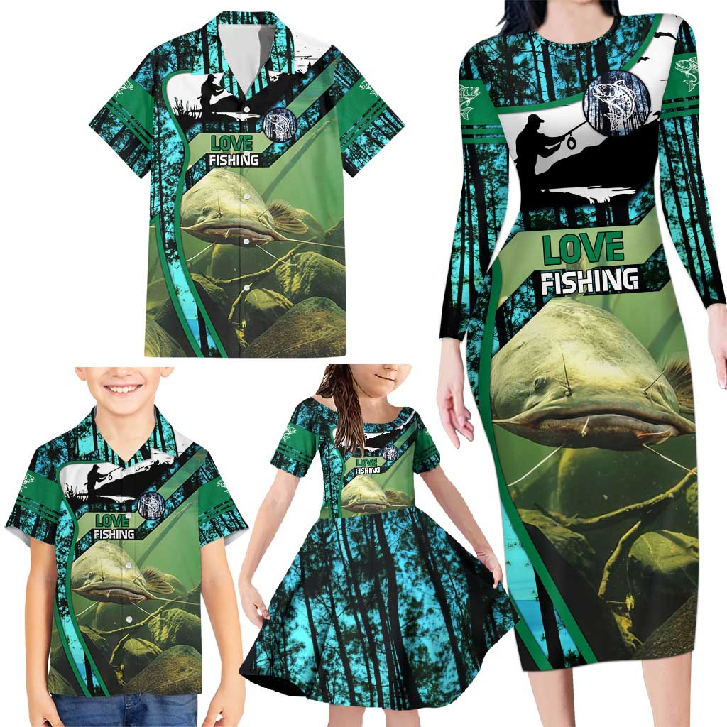 Flathead Catfish Custom Name Family Matching Long Sleeve Bodycon Dress and Hawaiian Shirt Forest Silhouette and Green Blue Love Fishing Design - Wonder Print Shop