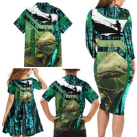 Flathead Catfish Custom Name Family Matching Long Sleeve Bodycon Dress and Hawaiian Shirt Forest Silhouette and Green Blue Love Fishing Design - Wonder Print Shop