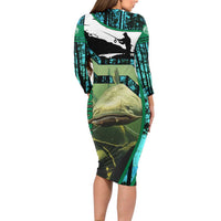 Flathead Catfish Custom Name Family Matching Long Sleeve Bodycon Dress and Hawaiian Shirt Forest Silhouette and Green Blue Love Fishing Design - Wonder Print Shop