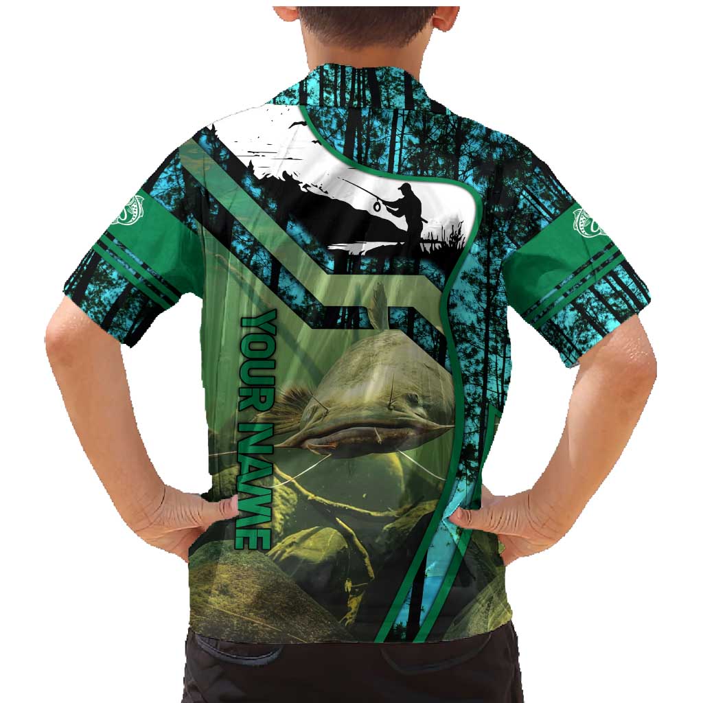 Flathead Catfish Custom Name Family Matching Mermaid Dress and Hawaiian Shirt Forest Silhouette and Green Blue Love Fishing Design - Wonder Print Shop