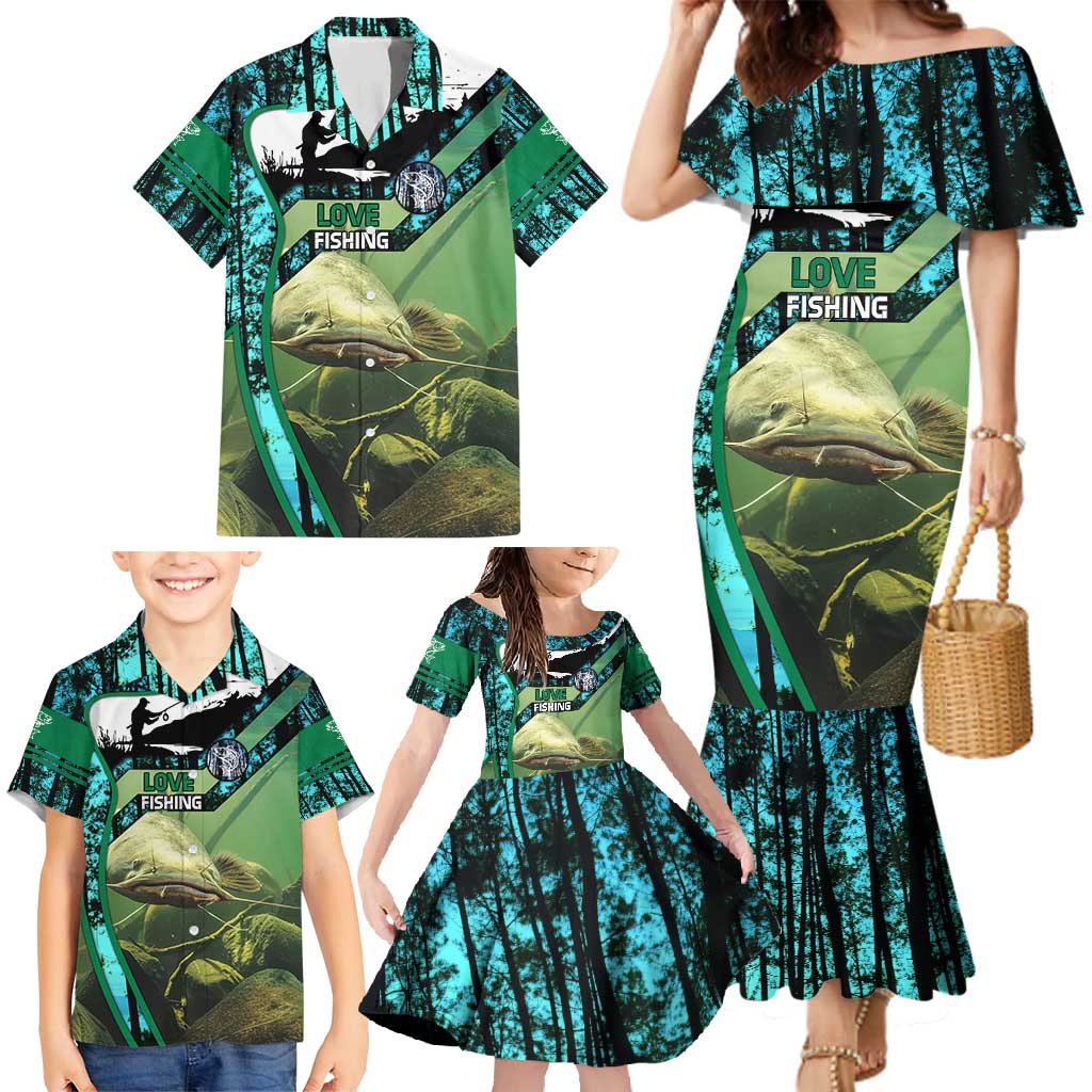 Flathead Catfish Custom Name Family Matching Mermaid Dress and Hawaiian Shirt Forest Silhouette and Green Blue Love Fishing Design - Wonder Print Shop