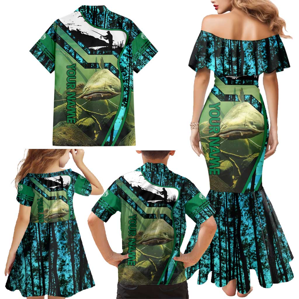 Flathead Catfish Custom Name Family Matching Mermaid Dress and Hawaiian Shirt Forest Silhouette and Green Blue Love Fishing Design - Wonder Print Shop