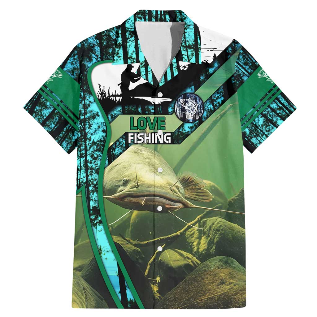 Flathead Catfish Custom Name Family Matching Mermaid Dress and Hawaiian Shirt Forest Silhouette and Green Blue Love Fishing Design - Wonder Print Shop