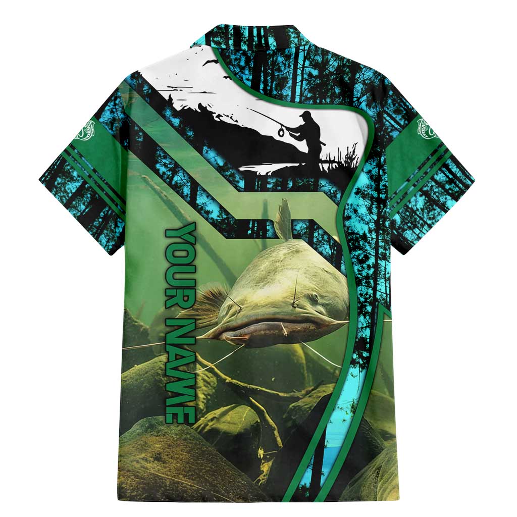 Flathead Catfish Custom Name Family Matching Mermaid Dress and Hawaiian Shirt Forest Silhouette and Green Blue Love Fishing Design - Wonder Print Shop