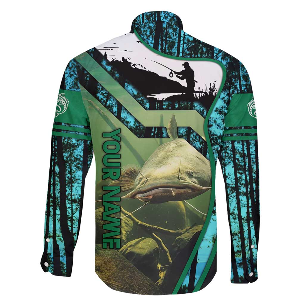 Flathead Catfish Custom Name Family Matching Mermaid Dress and Hawaiian Shirt Forest Silhouette and Green Blue Love Fishing Design - Wonder Print Shop