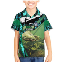 Flathead Catfish Custom Name Family Matching Mermaid Dress and Hawaiian Shirt Forest Silhouette and Green Blue Love Fishing Design - Wonder Print Shop