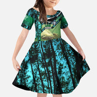 Flathead Catfish Custom Name Family Matching Off The Shoulder Long Sleeve Dress and Hawaiian Shirt Forest Silhouette and Green Blue Love Fishing Design - Wonder Print Shop