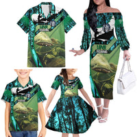Flathead Catfish Custom Name Family Matching Off The Shoulder Long Sleeve Dress and Hawaiian Shirt Forest Silhouette and Green Blue Love Fishing Design - Wonder Print Shop