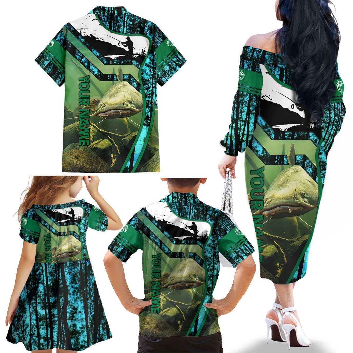 Flathead Catfish Custom Name Family Matching Off The Shoulder Long Sleeve Dress and Hawaiian Shirt Forest Silhouette and Green Blue Love Fishing Design - Wonder Print Shop
