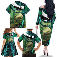 Flathead Catfish Custom Name Family Matching Off The Shoulder Long Sleeve Dress and Hawaiian Shirt Forest Silhouette and Green Blue Love Fishing Design - Wonder Print Shop