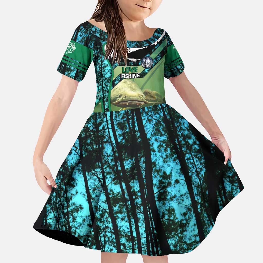 Flathead Catfish Custom Name Family Matching Off Shoulder Maxi Dress and Hawaiian Shirt Forest Silhouette and Green Blue Love Fishing Design - Wonder Print Shop