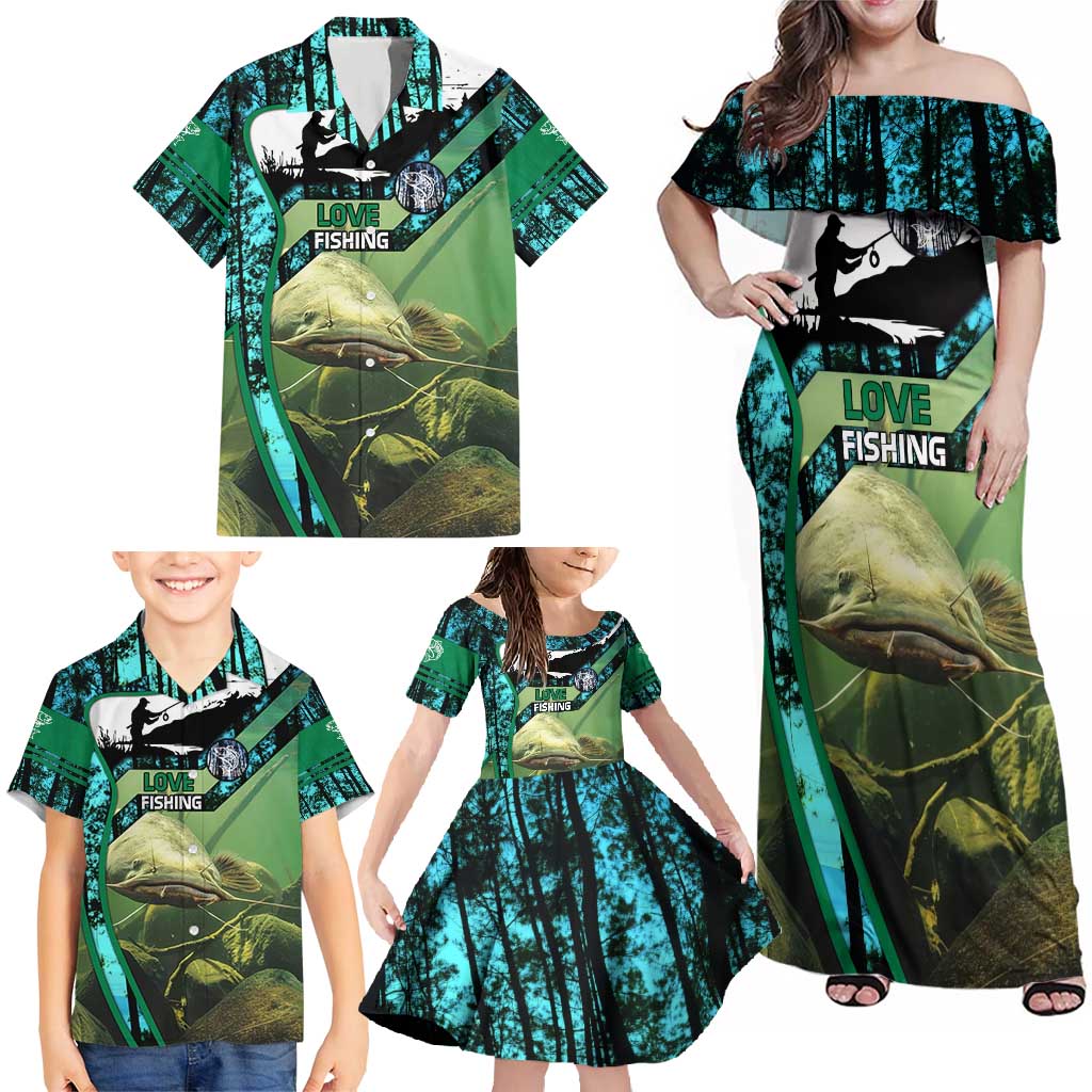 Flathead Catfish Custom Name Family Matching Off Shoulder Maxi Dress and Hawaiian Shirt Forest Silhouette and Green Blue Love Fishing Design - Wonder Print Shop