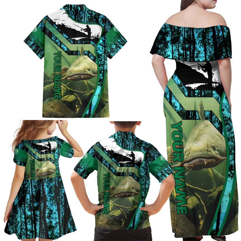 Flathead Catfish Custom Name Family Matching Off Shoulder Maxi Dress and Hawaiian Shirt Forest Silhouette and Green Blue Love Fishing Design - Wonder Print Shop