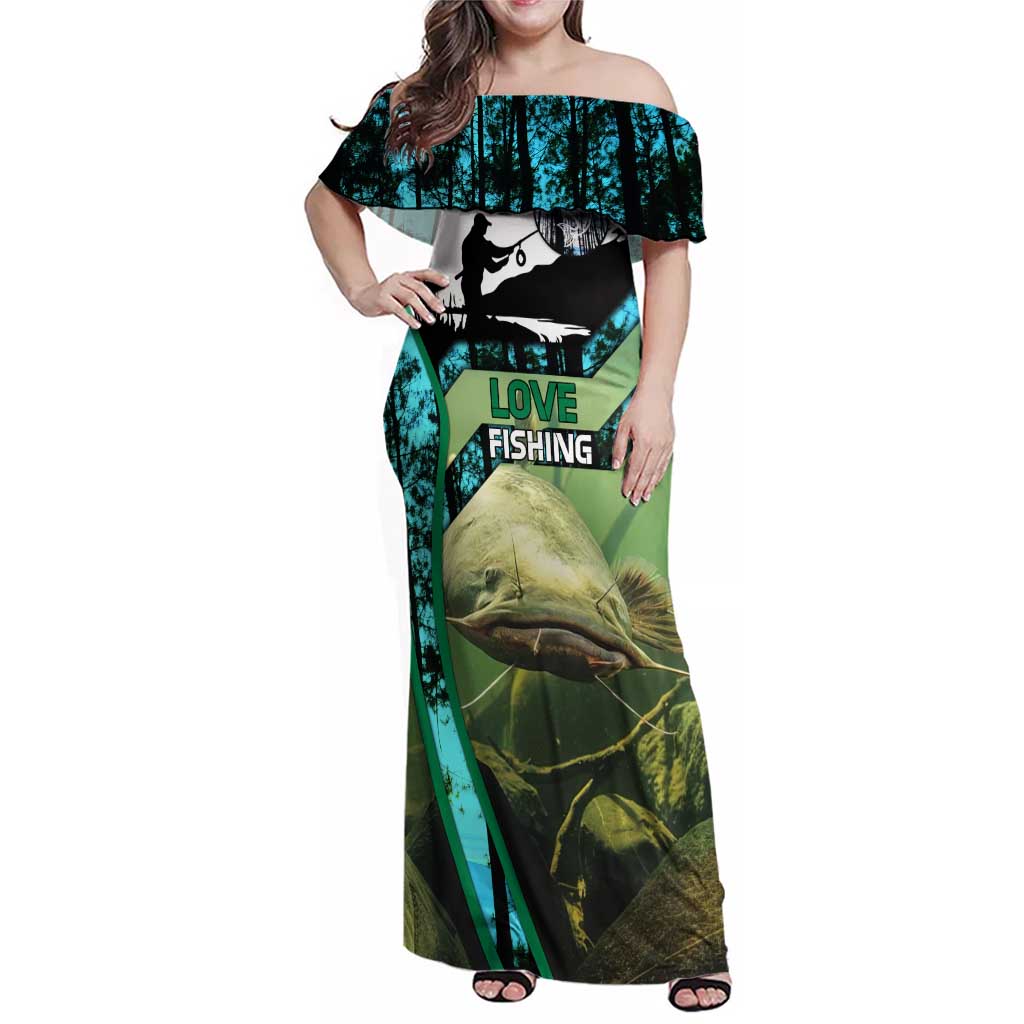 Flathead Catfish Custom Name Family Matching Off Shoulder Maxi Dress and Hawaiian Shirt Forest Silhouette and Green Blue Love Fishing Design - Wonder Print Shop