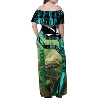 Flathead Catfish Custom Name Family Matching Off Shoulder Maxi Dress and Hawaiian Shirt Forest Silhouette and Green Blue Love Fishing Design - Wonder Print Shop
