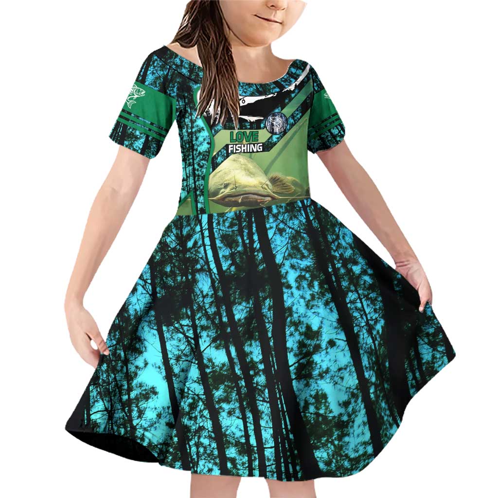 Flathead Catfish Custom Name Family Matching Off Shoulder Short Dress and Hawaiian Shirt Forest Silhouette and Green Blue Love Fishing Design - Wonder Print Shop