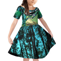 Flathead Catfish Custom Name Family Matching Off Shoulder Short Dress and Hawaiian Shirt Forest Silhouette and Green Blue Love Fishing Design - Wonder Print Shop
