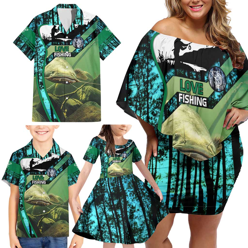 Flathead Catfish Custom Name Family Matching Off Shoulder Short Dress and Hawaiian Shirt Forest Silhouette and Green Blue Love Fishing Design - Wonder Print Shop