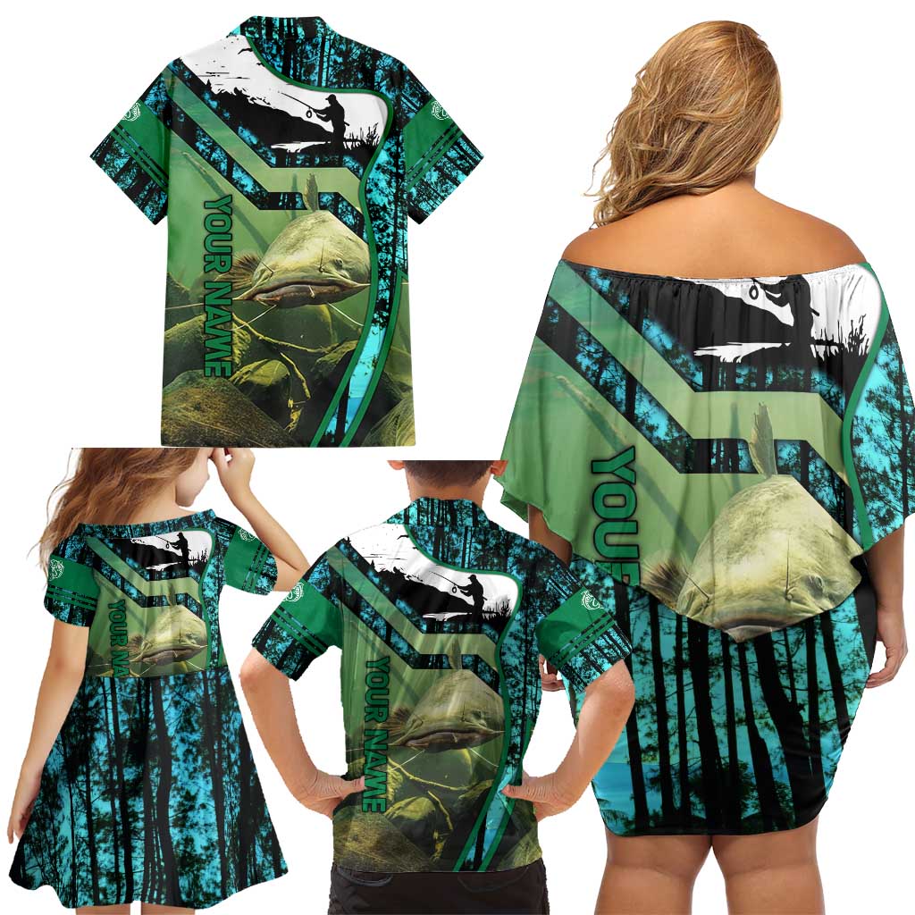 Flathead Catfish Custom Name Family Matching Off Shoulder Short Dress and Hawaiian Shirt Forest Silhouette and Green Blue Love Fishing Design - Wonder Print Shop