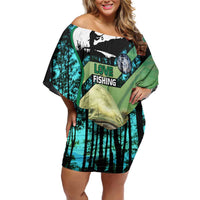 Flathead Catfish Custom Name Family Matching Off Shoulder Short Dress and Hawaiian Shirt Forest Silhouette and Green Blue Love Fishing Design - Wonder Print Shop