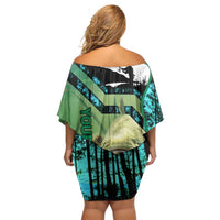 Flathead Catfish Custom Name Family Matching Off Shoulder Short Dress and Hawaiian Shirt Forest Silhouette and Green Blue Love Fishing Design - Wonder Print Shop