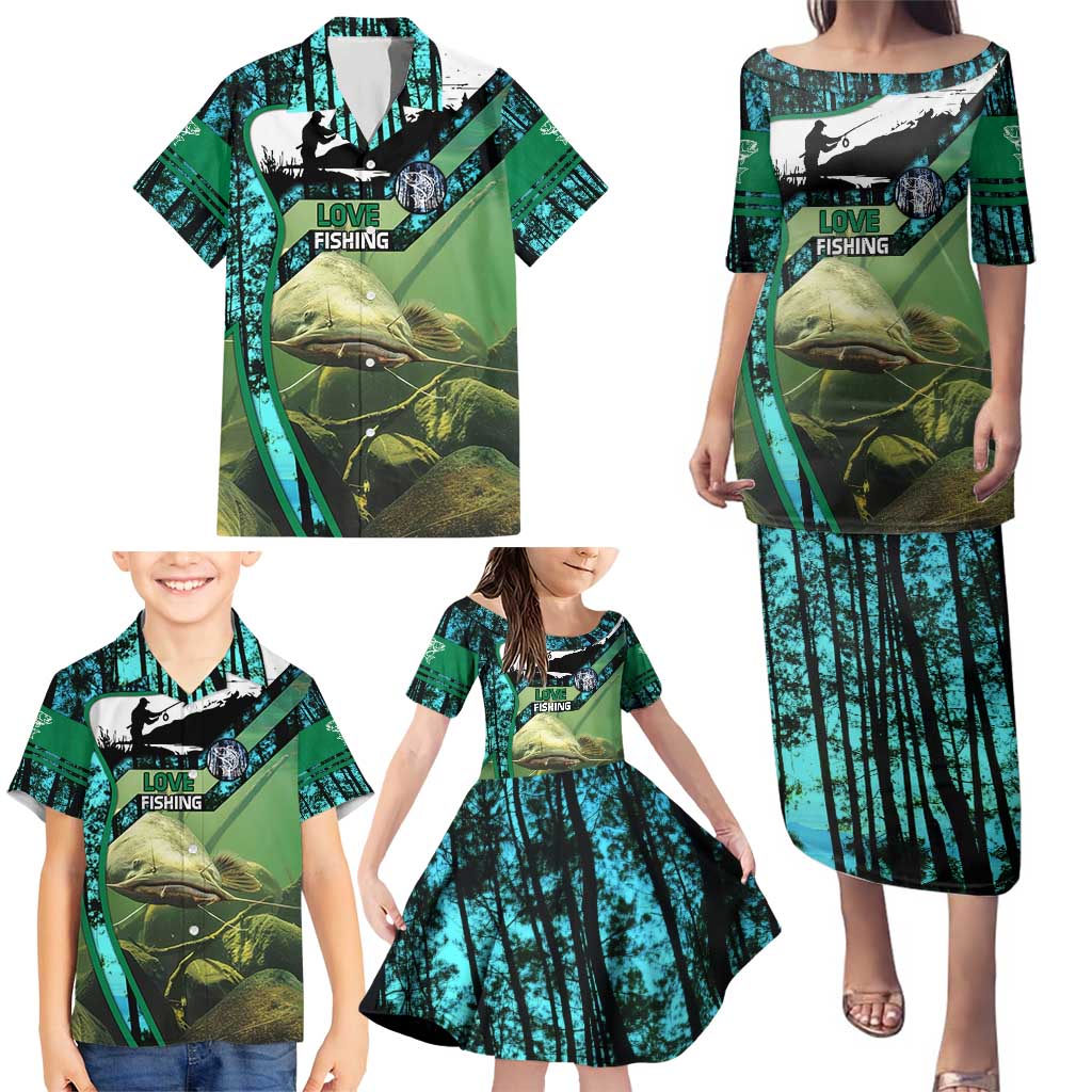 Flathead Catfish Custom Name Family Matching Puletasi and Hawaiian Shirt Forest Silhouette and Green Blue Love Fishing Design - Wonder Print Shop