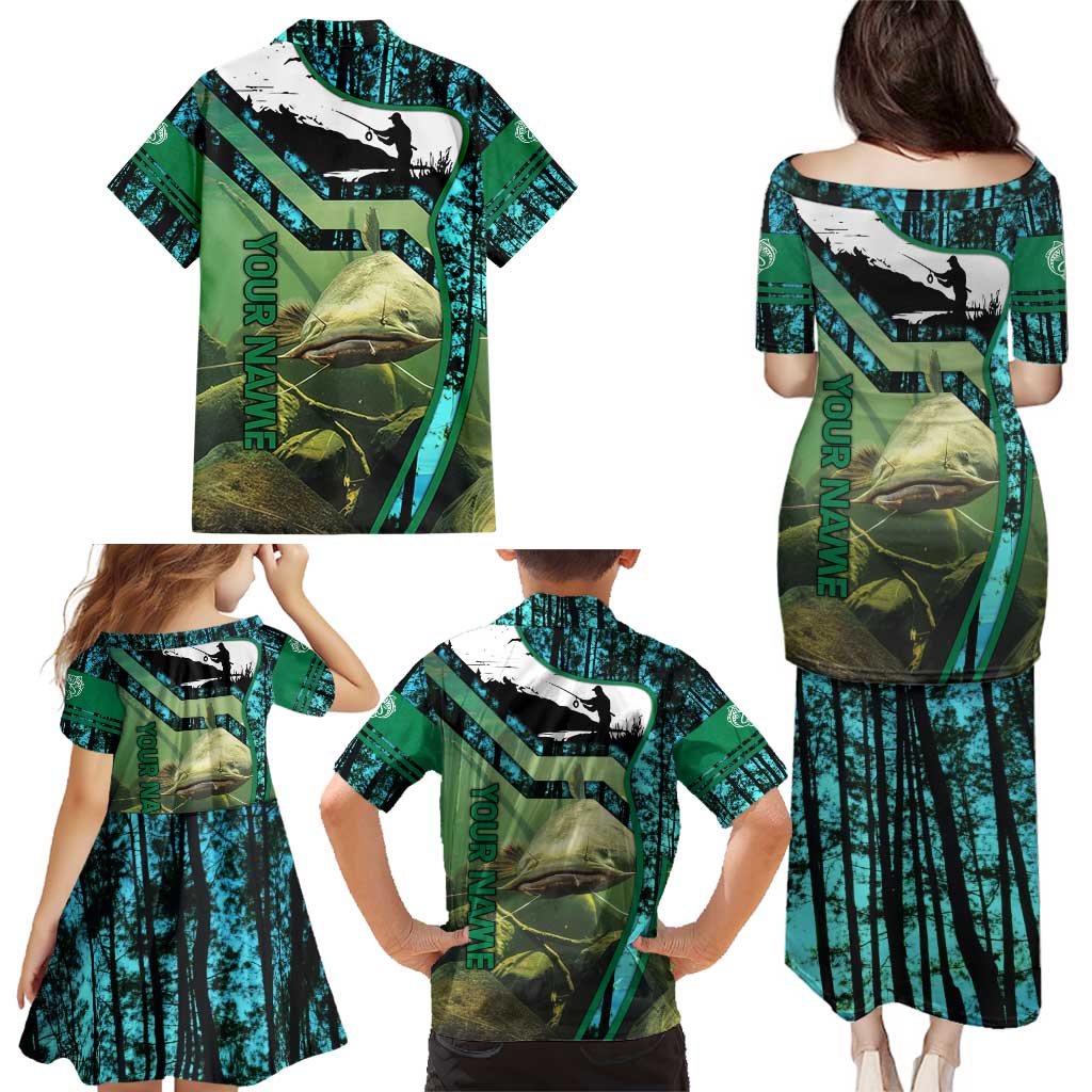Flathead Catfish Custom Name Family Matching Puletasi and Hawaiian Shirt Forest Silhouette and Green Blue Love Fishing Design - Wonder Print Shop