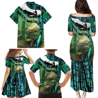 Flathead Catfish Custom Name Family Matching Puletasi and Hawaiian Shirt Forest Silhouette and Green Blue Love Fishing Design - Wonder Print Shop