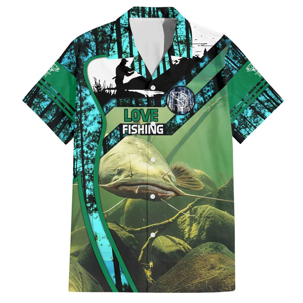 Flathead Catfish Custom Name Family Matching Puletasi and Hawaiian Shirt Forest Silhouette and Green Blue Love Fishing Design - Wonder Print Shop