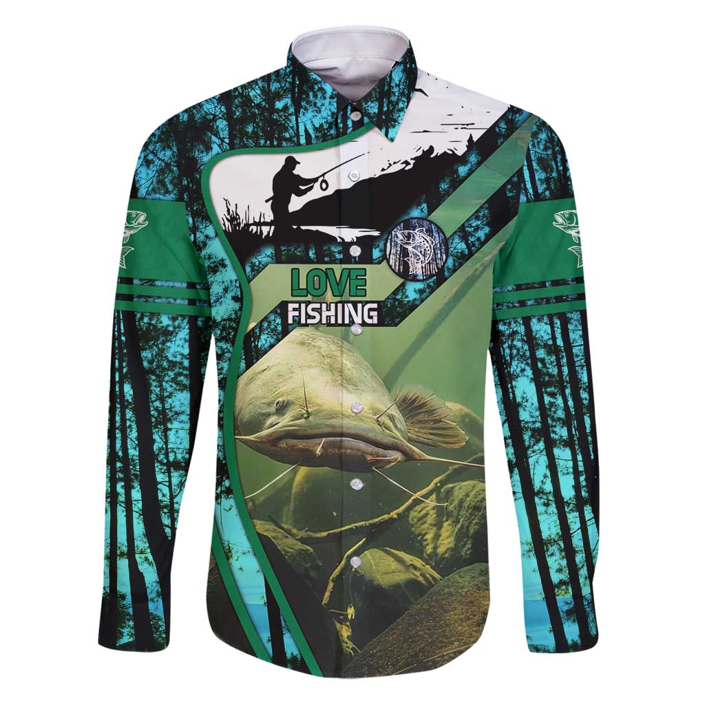 Flathead Catfish Custom Name Family Matching Puletasi and Hawaiian Shirt Forest Silhouette and Green Blue Love Fishing Design - Wonder Print Shop