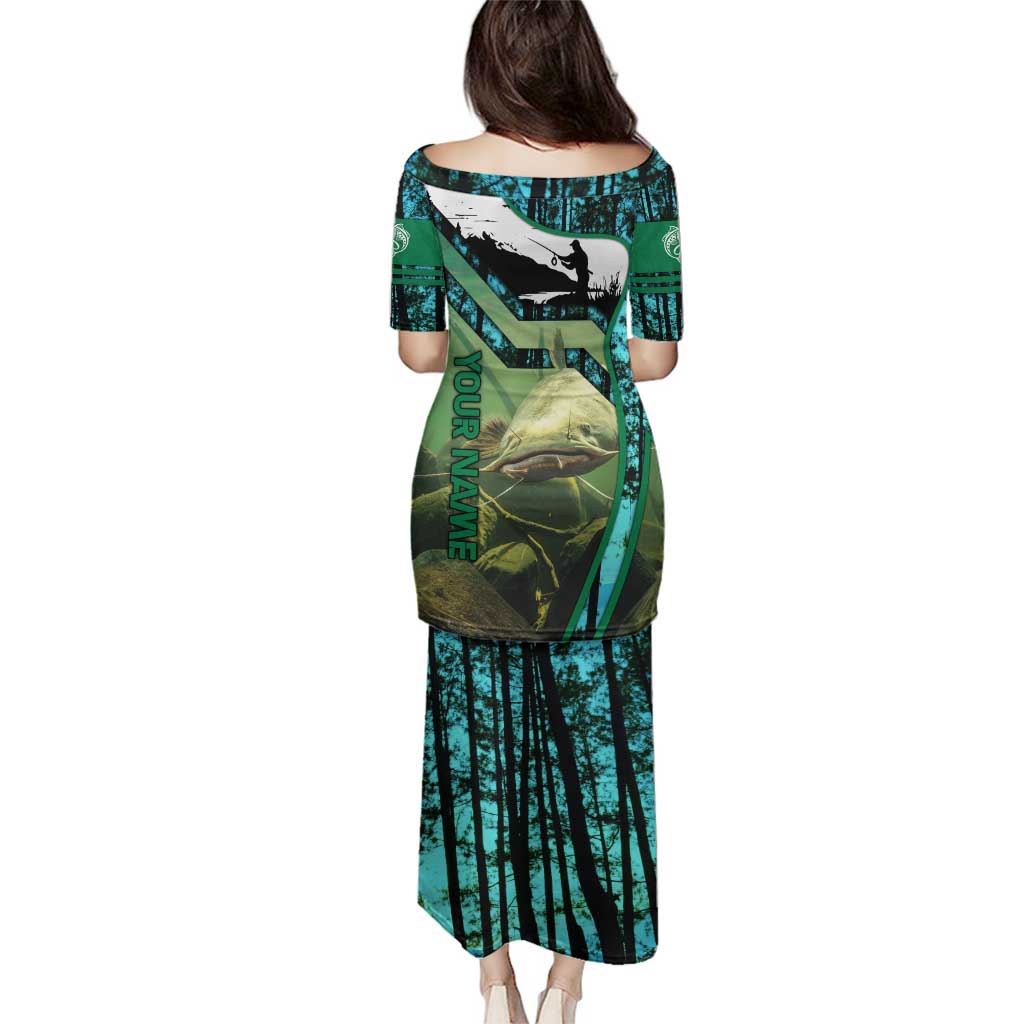 Flathead Catfish Custom Name Family Matching Puletasi and Hawaiian Shirt Forest Silhouette and Green Blue Love Fishing Design - Wonder Print Shop