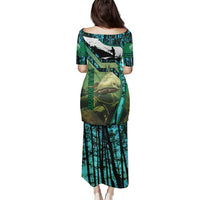 Flathead Catfish Custom Name Family Matching Puletasi and Hawaiian Shirt Forest Silhouette and Green Blue Love Fishing Design - Wonder Print Shop