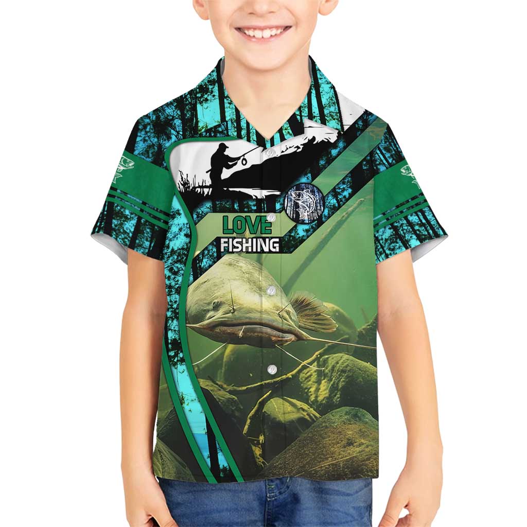 Flathead Catfish Custom Name Family Matching Puletasi and Hawaiian Shirt Forest Silhouette and Green Blue Love Fishing Design - Wonder Print Shop