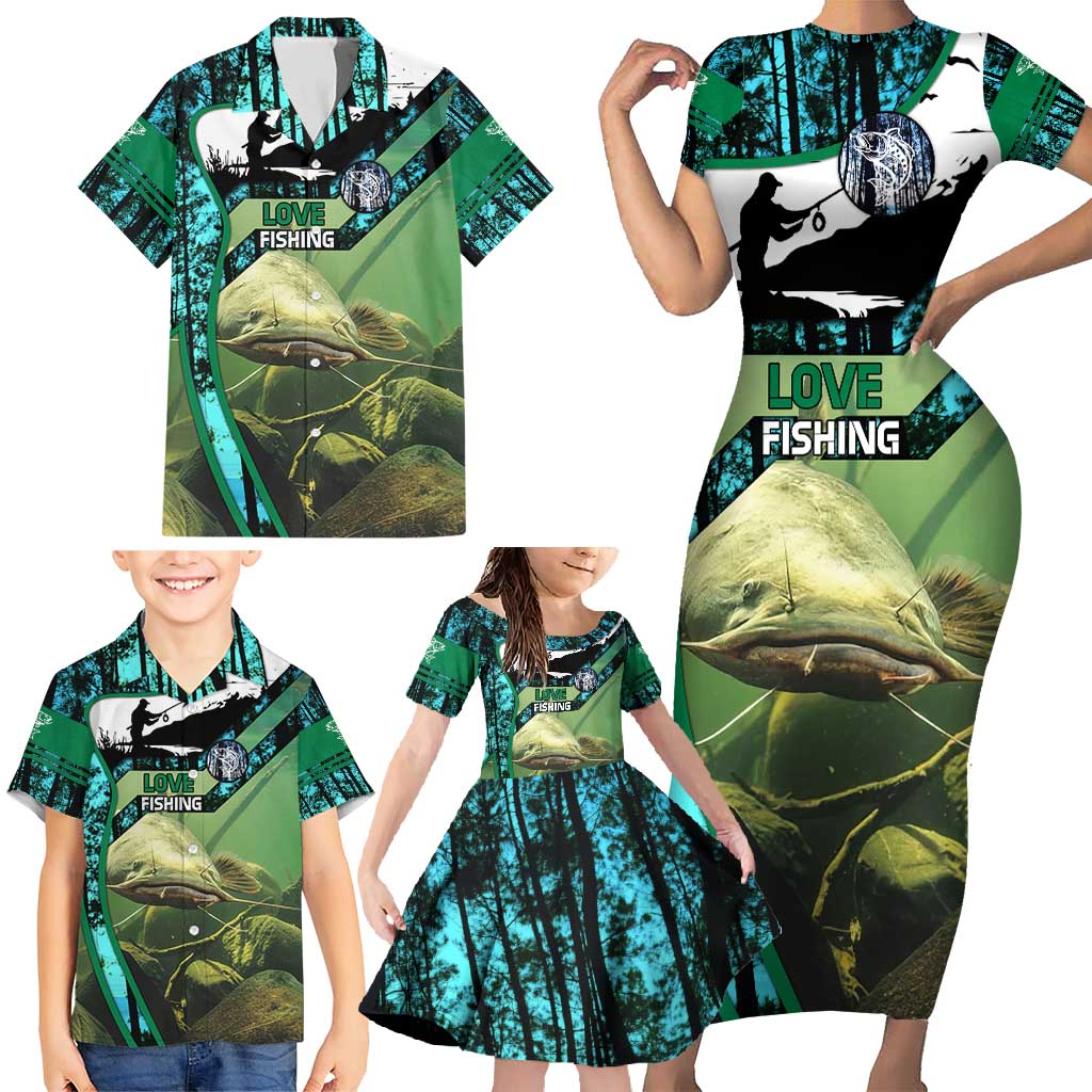 Flathead Catfish Custom Name Family Matching Short Sleeve Bodycon Dress and Hawaiian Shirt Forest Silhouette and Green Blue Love Fishing Design - Wonder Print Shop