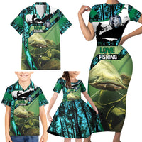 Flathead Catfish Custom Name Family Matching Short Sleeve Bodycon Dress and Hawaiian Shirt Forest Silhouette and Green Blue Love Fishing Design - Wonder Print Shop