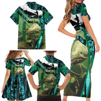 Flathead Catfish Custom Name Family Matching Short Sleeve Bodycon Dress and Hawaiian Shirt Forest Silhouette and Green Blue Love Fishing Design - Wonder Print Shop