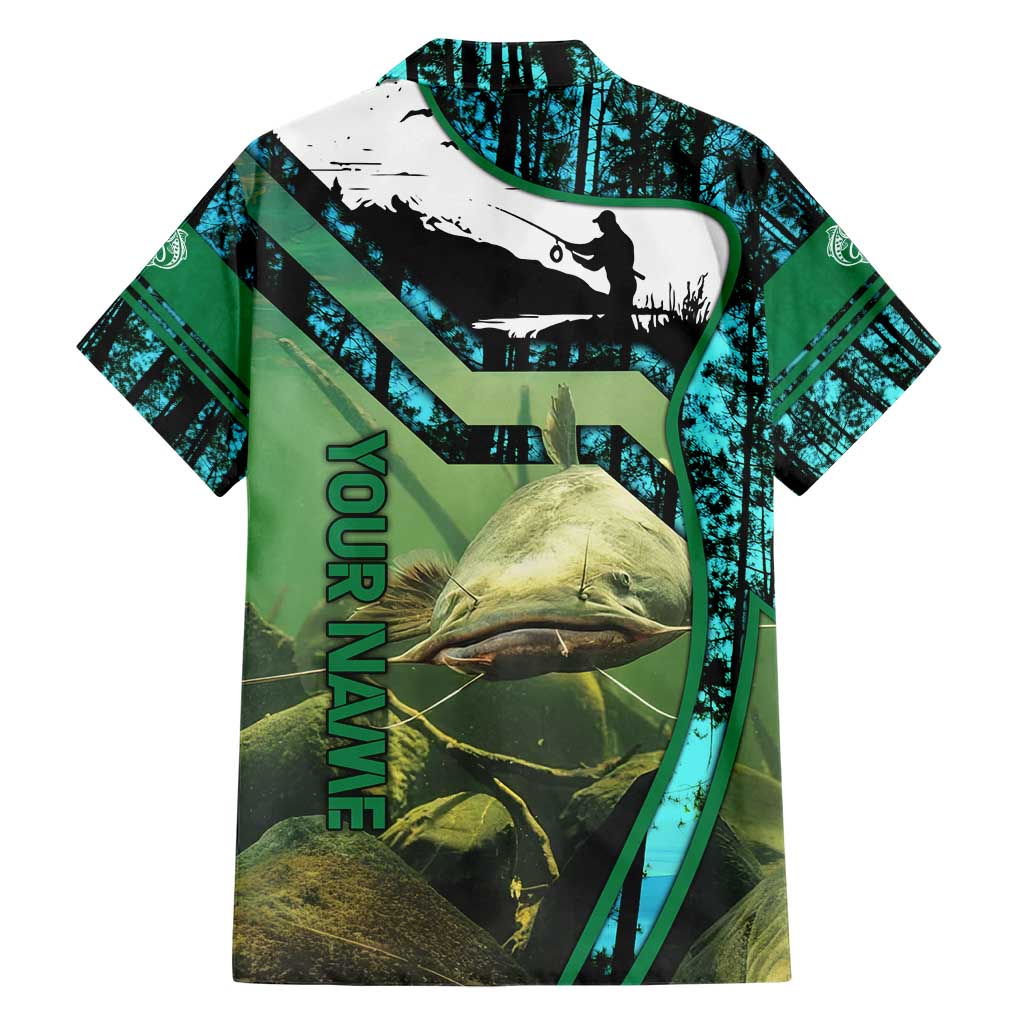 Flathead Catfish Custom Name Family Matching Short Sleeve Bodycon Dress and Hawaiian Shirt Forest Silhouette and Green Blue Love Fishing Design - Wonder Print Shop