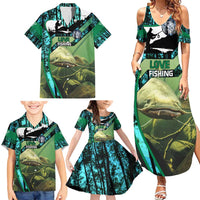 Flathead Catfish Custom Name Family Matching Summer Maxi Dress and Hawaiian Shirt Forest Silhouette and Green Blue Love Fishing Design - Wonder Print Shop