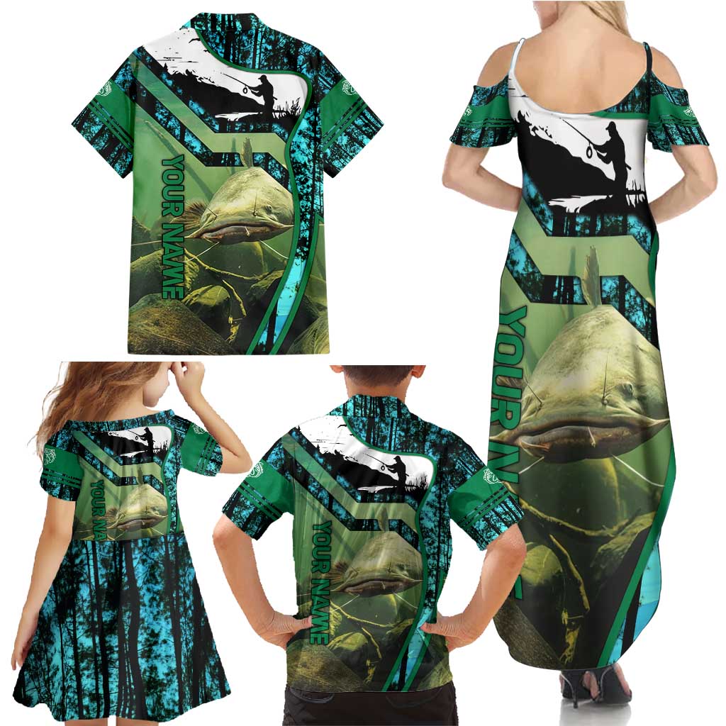 Flathead Catfish Custom Name Family Matching Summer Maxi Dress and Hawaiian Shirt Forest Silhouette and Green Blue Love Fishing Design - Wonder Print Shop