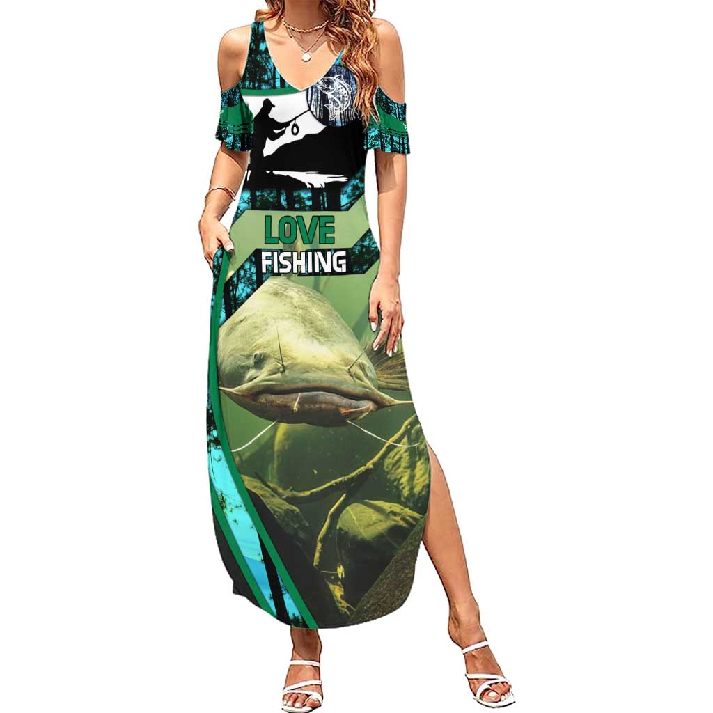 Flathead Catfish Custom Name Family Matching Summer Maxi Dress and Hawaiian Shirt Forest Silhouette and Green Blue Love Fishing Design - Wonder Print Shop
