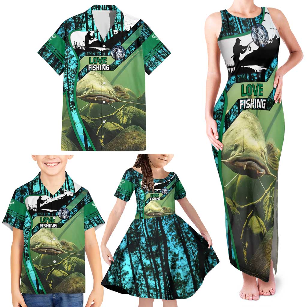 Flathead Catfish Custom Name Family Matching Tank Maxi Dress and Hawaiian Shirt Forest Silhouette and Green Blue Love Fishing Design - Wonder Print Shop