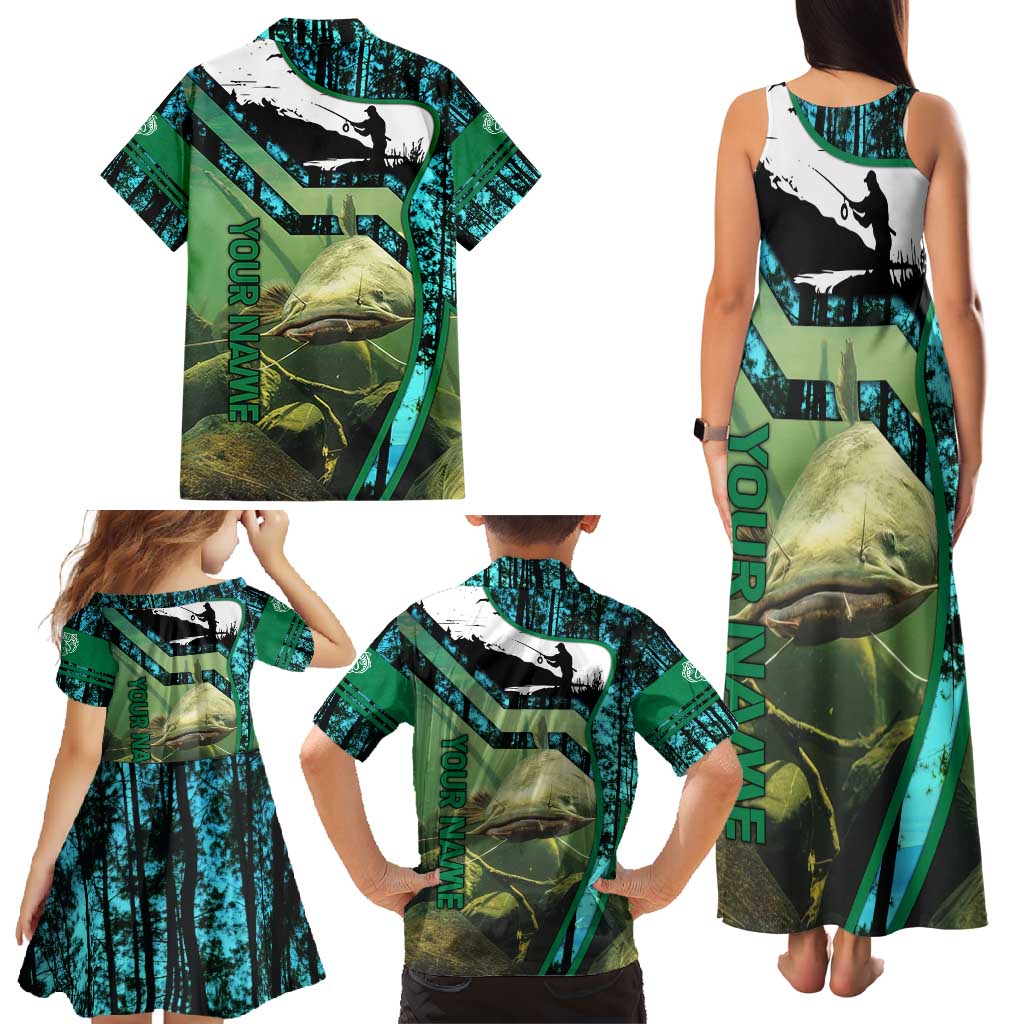 Flathead Catfish Custom Name Family Matching Tank Maxi Dress and Hawaiian Shirt Forest Silhouette and Green Blue Love Fishing Design - Wonder Print Shop