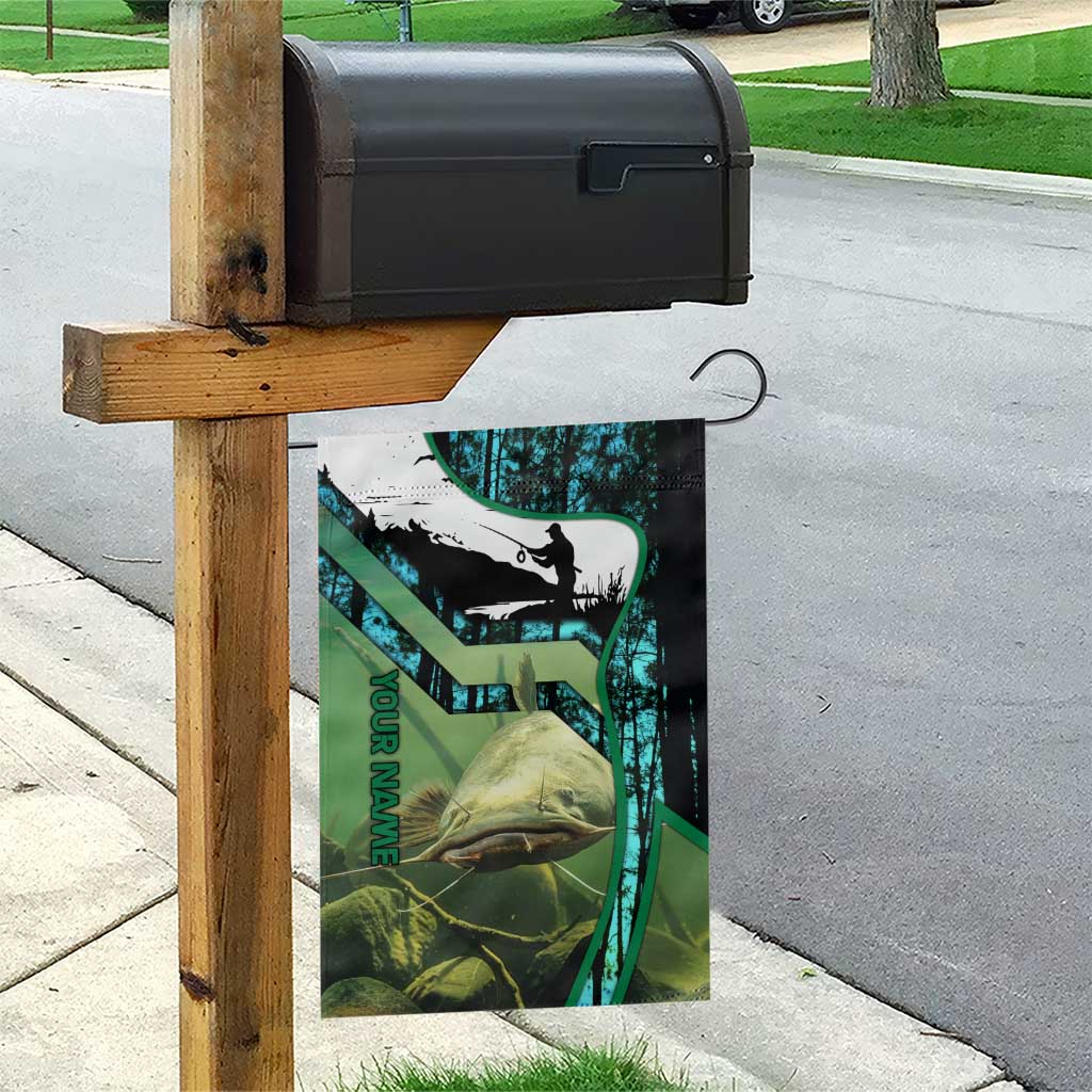 Flathead Catfish Custom Name Garden Flag Forest Silhouette and Green Blue Love Fishing Design - Wonder Print Shop