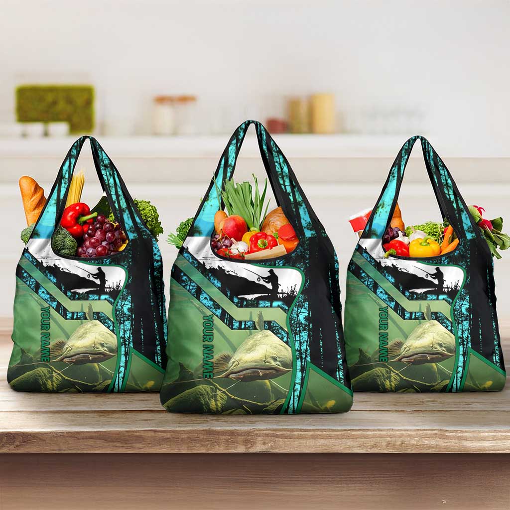 Flathead Catfish Custom Name Grocery Bag Forest Silhouette and Green Blue Love Fishing Design - Wonder Print Shop