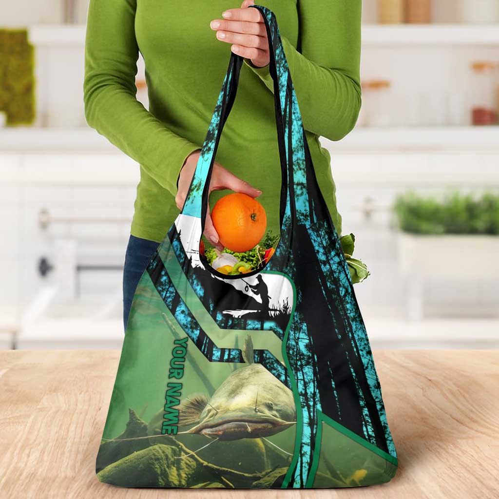 Flathead Catfish Custom Name Grocery Bag Forest Silhouette and Green Blue Love Fishing Design - Wonder Print Shop