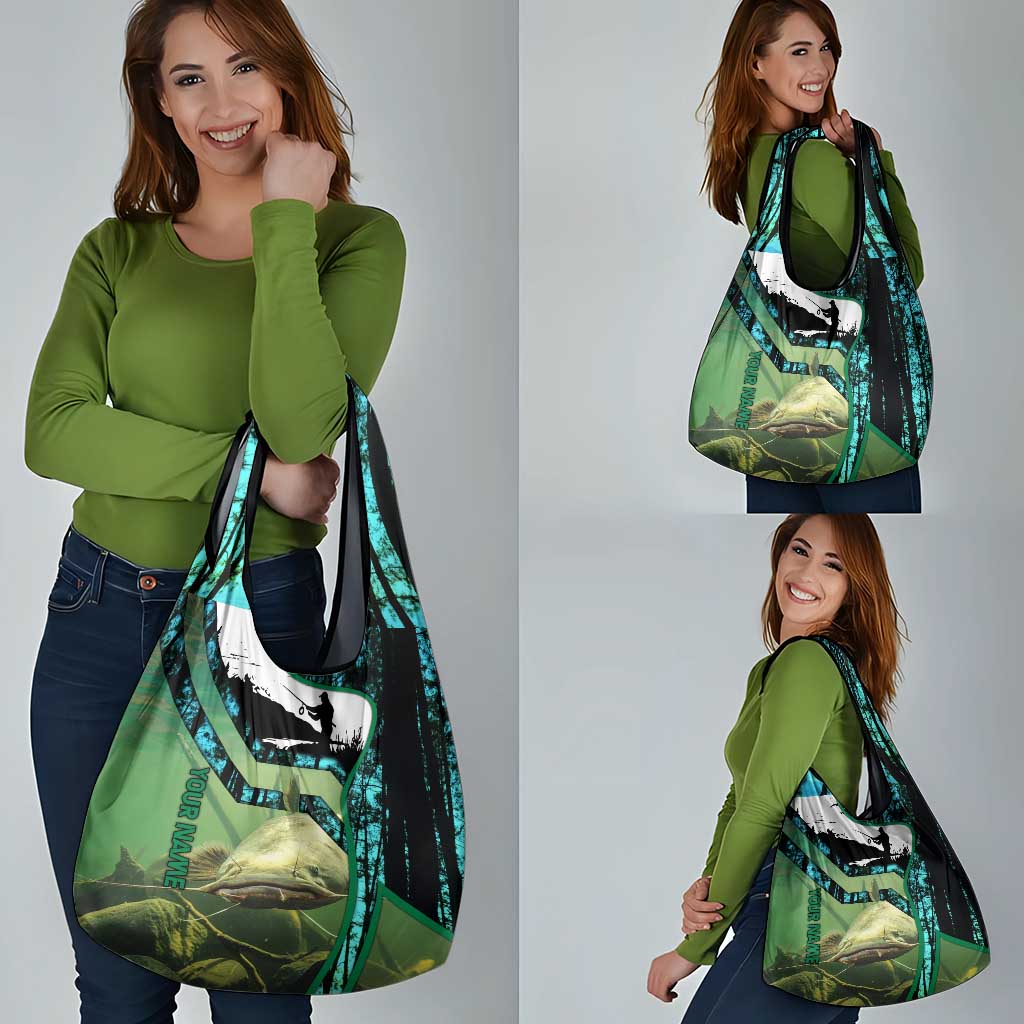 Flathead Catfish Custom Name Grocery Bag Forest Silhouette and Green Blue Love Fishing Design - Wonder Print Shop