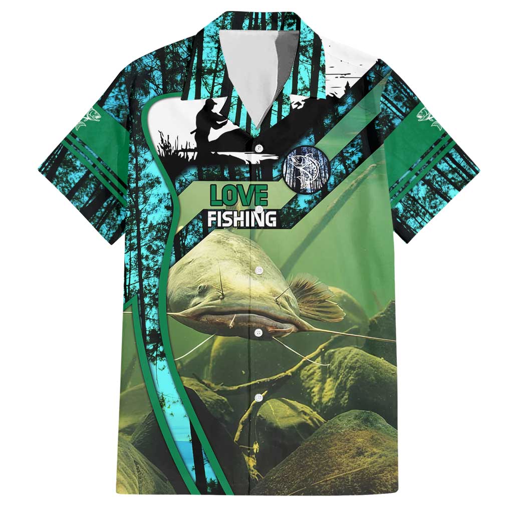 Flathead Catfish Custom Name Hawaiian Shirt Forest Silhouette and Green Blue Love Fishing Design - Wonder Print Shop