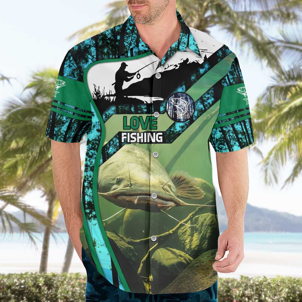 Flathead Catfish Custom Name Hawaiian Shirt Forest Silhouette and Green Blue Love Fishing Design - Wonder Print Shop